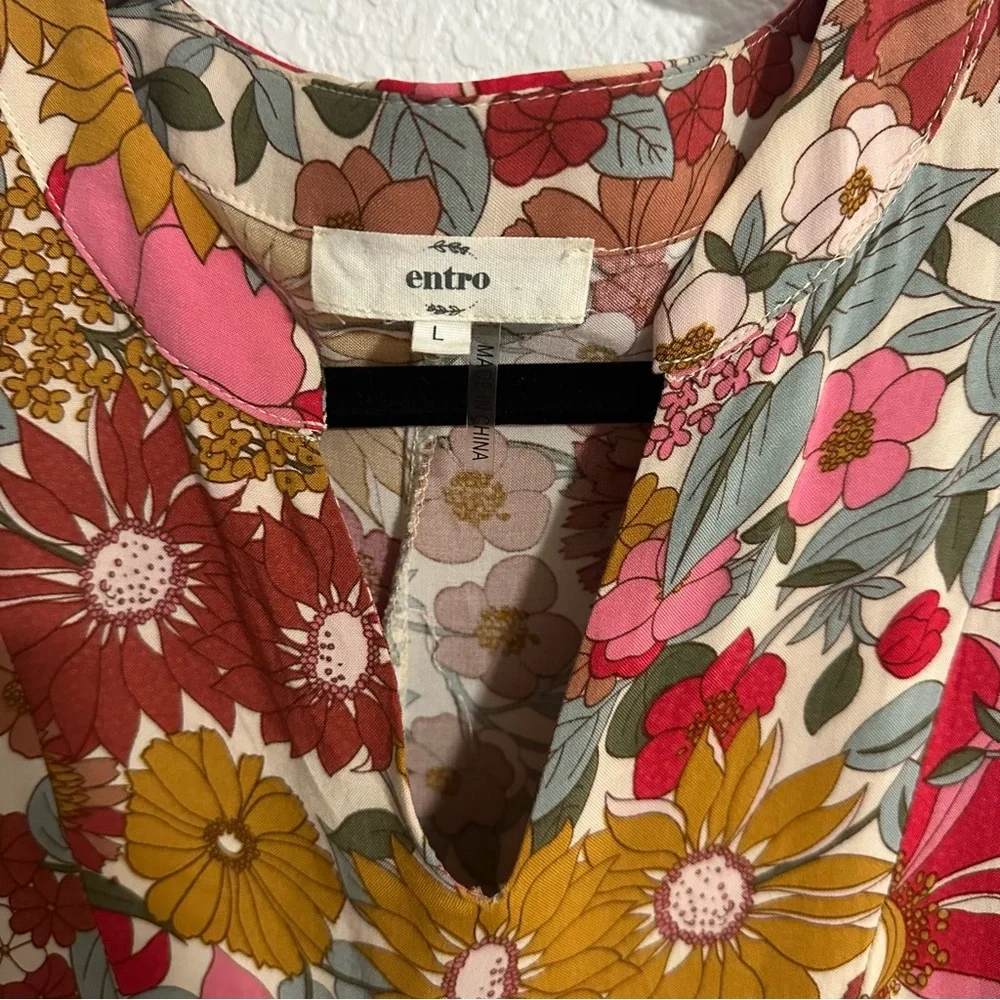 Floral Print‎ Maxi Dress L Long Sleeve V Neck Lined Boho Hippie